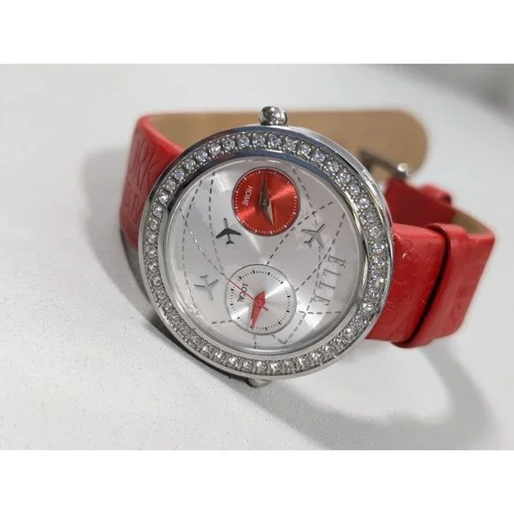 Elle Womens Dual Time Watch Airplane Travel Crystal Accent Red Leather Band - Picture 4 of 15